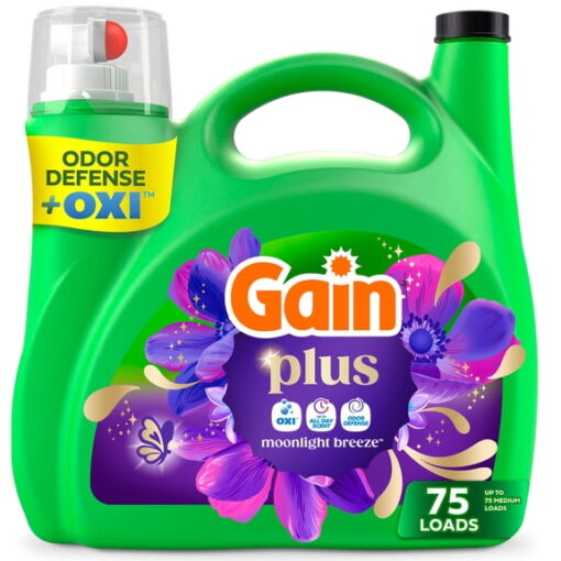 Gain Plus Laundry Detergent Liquid, Now with Odor Defense + OXI, Moonlight Breeze Scent, 99 fl oz, 75 Loads